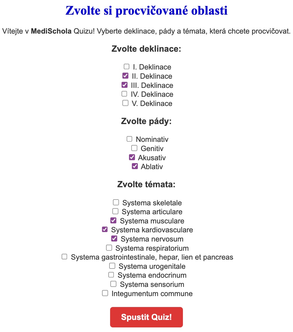 Zvolení témat procvičování v kvizu deklinací